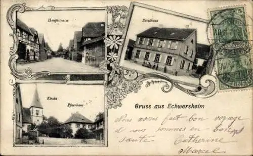Ak Eckwersheim Elsass Bas Rhin, Hauptstraße, Kirche, Pfarrhaus, Schulhaus