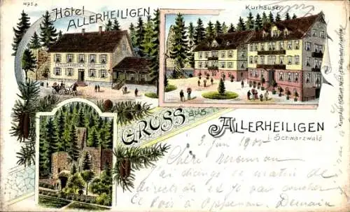 Litho Allerheiligen Oppenau im Schwarzwald, Hotel Allerheiligen, Kurhäuser, Ruine