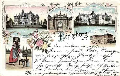 Litho Bückeburg Schaumburg, Fürstliches Neues Palais, Schlossportal, Kaserne, Bauernmädchen