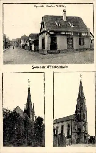 Ak Eckbolsheim Alsace Bas Rhin, Kirche, Lebensmittelgeschäft