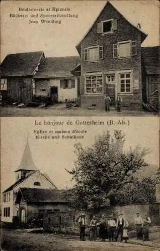 Ak Gottesheim Elsass Bas Rhin, Kirche, Schulhaus, Bäckerei, Spezerei-Geschäft