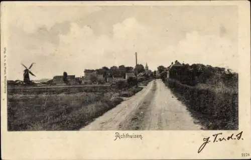 Ak Achthuizen Südholland, Weg zum Ort, Windmühle