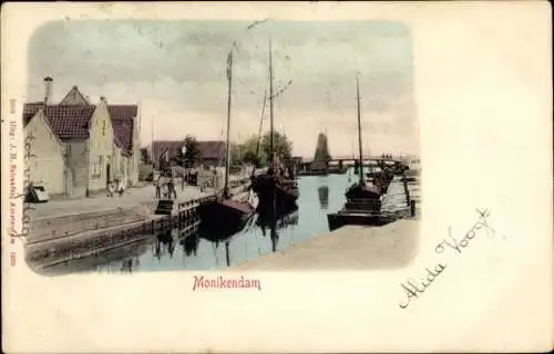 Ak Monnikendam Waterland Nordholland Niederlande, Flusspartie, Schiffe