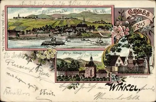 Litho Winkel am Rhein Rheingau, Gesamtansicht, Schloss Vollrads, Kriegerdenkmal