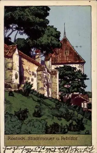 Steindruck Ak Hansestadt Rostock, Stadtmauer, Petritor