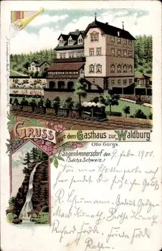 Litho Langenhennersdorf Bad Gottleuba in Sachsen, Gasthaus zur Waldburg, Wasserfall