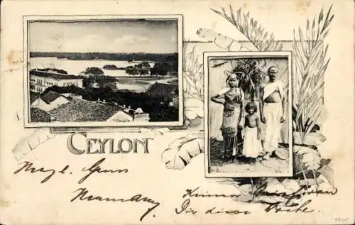 Ak Ceylon Sri Lanka, Einheimische, Familienbild, Gesamtansicht einer Ortschaft