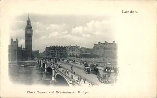 Ak London City England, Clock-Tower, Westminster-Bridge