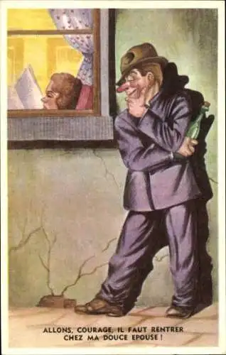 Künstler Ak Betrunkener Mann traut sich nicht nach Hause