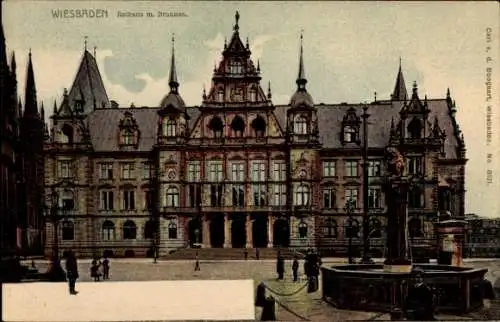 Ak Wiesbaden in Hessen, Rathaus, Brunnen