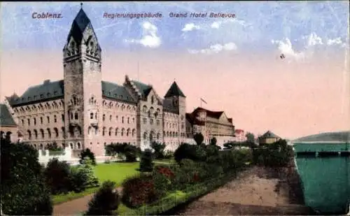 Ak Koblenz in Rheinland Pfalz, Regierungsgebäude, Grand Hotel Bellevue
