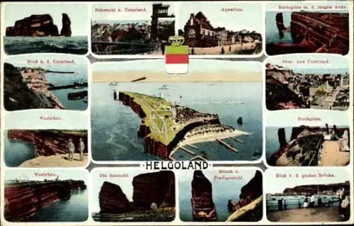 Ak Nordseeinsel Helgoland, Gesamtansicht, Westküste, Fahrstuhl, Oberland, Unterland, Aquarium