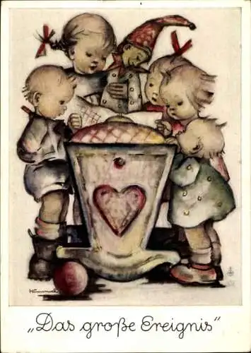 Künstler Ak Hummel, Berta, Das große Ereignis, Kinder stehen um eine Babywiege