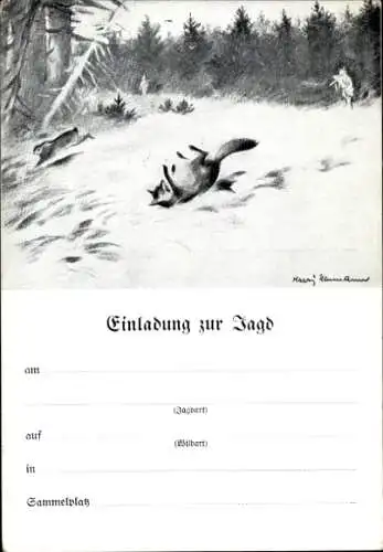 Künstler Ak Einladung zur Jagd, toter Fuchs, Hase, Jäger, Jagderlaubnis
