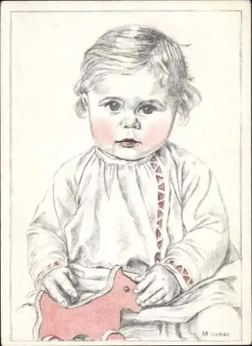 Künstler Ak Kind, Porträt, rosa Wangen, Holzpferd mit Rollen