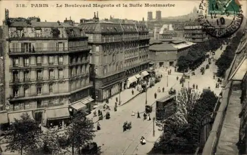 Ak Paris, Le Boulevard Magenta, La Butte Montmartre
