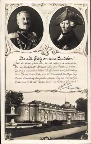 Ak alte Fritz an seine Deutschen, Sanssouci Schloss, Kaiser Wilhelm II