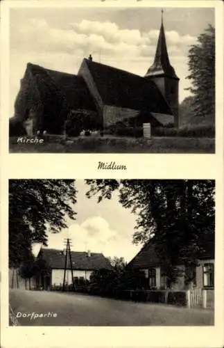 Ak Midlum Wurster Nordseeküste, Kirche, Dorfpartie
