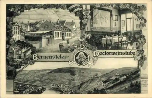 Künstler Ak Bernkastel Kues im Moseltal, Doctor Weinstube, Außen- u. Innenansicht, Panorama vom Ort