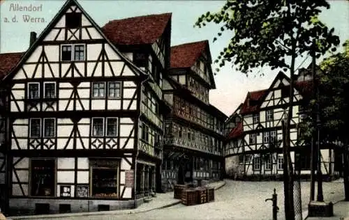 Ak Bad Sooden Allendorf in Hessen, Blick auf Fachwerkhäuser, Geschäft