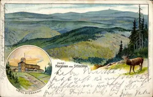 Künstler Litho Kretschmar, Wieda im Harz, Panorama, Hotel Stöberhai, Bes. Panse