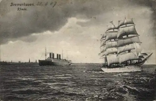 Ak Bremerhaven, Blick auf die Rhede, Segelschiff und Dampfer auf See