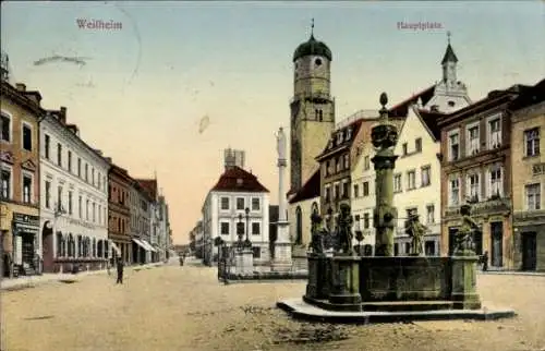 Ak Weilheim Oberbayern, Hauptplatz, Brunnen, Kirche, Säule