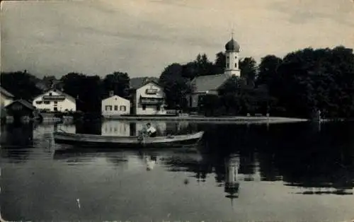 Ak Tutzing in Oberbayern, Stadtansicht, Starnberger See, Ruderer, Glockenturm