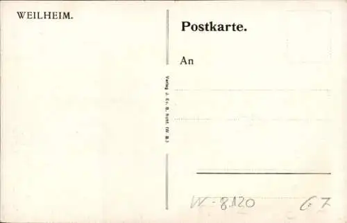 Künstler Ak Weilheim Schongau Oberbayern, Stadtansicht, Kirchturm