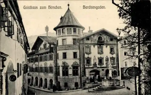 Ak Berchtesgaden in Oberbayern, Gasthaus zum Hirschen, Brunnen