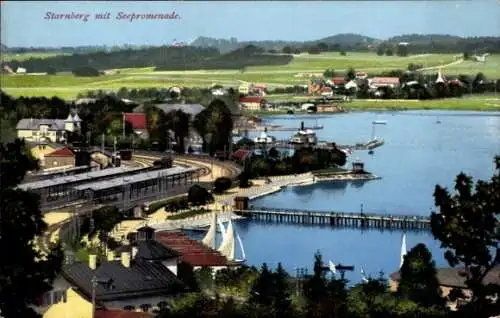 Ak Starnberg am Starnberger See Oberbayern, Seepromenade, Panorama