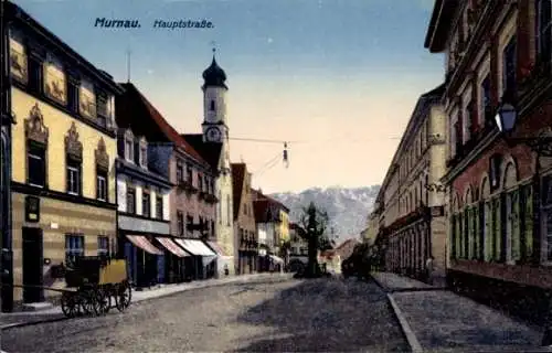 Ak Murnau am Staffelsee in Oberbayern, Hauptstraße mit Uhrenturm, Kutsche