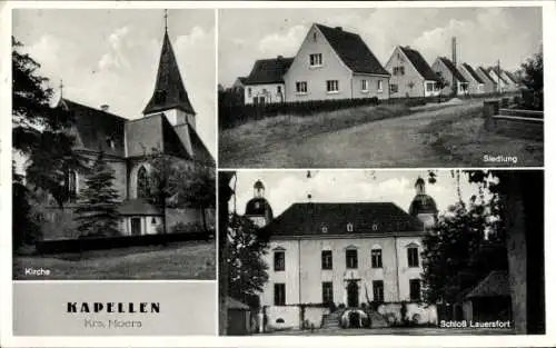 Ak Kapellen Moers am Niederrhein, Kirche, Siedlung, Schloss Lauersfort