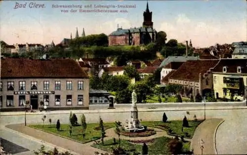 Ak Kleve am Niederrhein, Schwanenburg, Lohengrin Denkmal, Emmericher Straße