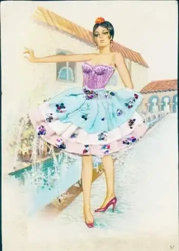 Stoff Glitzer Künstler Ak Vegarrap, Frau in blauem Kleid, Tänzerin