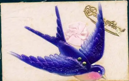 Stoff Ak Glückwunsch Neujahr, Schwalbe, Stoffschleife