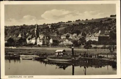 Ak Obernburg am Main Unterfranken, Teilansicht, Kirchturm, Boote