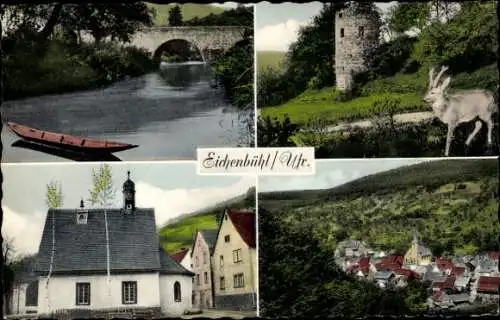 Ak Riedern Eichenbühl in Unterfranken, Teilansichten, Brücke, Kirche, Turm, Hirsch