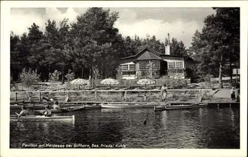 Ak Gifhorn in Niedersachsen, Kurhaus und Pavillon Am Heidesee, See, Boote