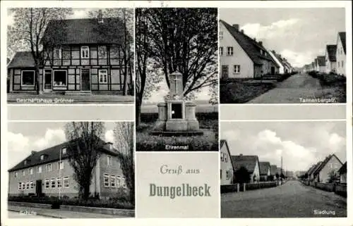 Ak Dungelbeck Peine in Niedersachsen, Geschäftshaus Gröhner, Ehrenmal, Schule, Tannenbergstraße