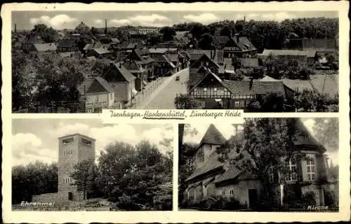 Ak Isenhagen Hankensbüttel in Niedersachsen, Teilansicht, Ehrenmal, Kirche