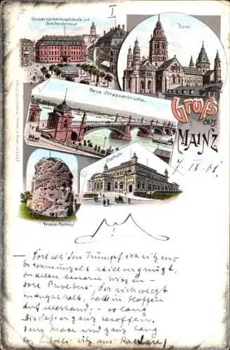 Litho Mainz am Rhein, Dom, Gouvernementgebäude, Schillerdenkmal, Stadthalle