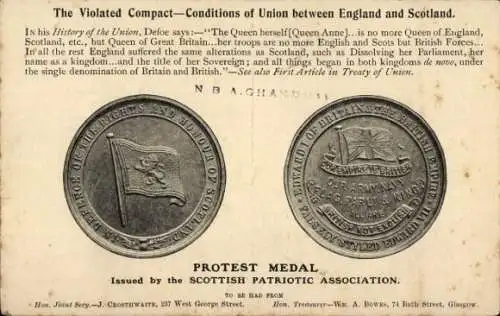 Ak Der verletzte Vertrag, Bedingungen der Union zwischen England und Schottland, Protestmedaille