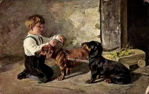 Künstler Ak Dackel, Arbeitshunde, Fuhrwerk, Stroh, Junge