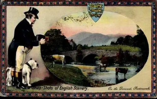 Passepartout Wappen Ak Schnappschüsse von englischer Landschaft, Brücke, Hund, Kühe