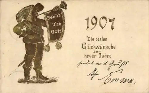 Präge Ak Glückwunsch Neujahr, Jahreszahl 1907, Trompeter von Säckingen