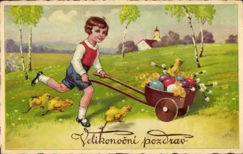 Ak Glückwunsch Ostern, Kind, Schubkarre, Küken, Ostereier, Weidenkätzchen, Birken