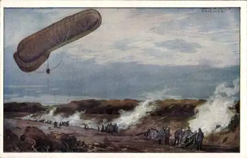 Künstler Ak Schulze, Hans Rudolf, Fesselballon der Deutschen Luftflotte im I. WK, Artillerie