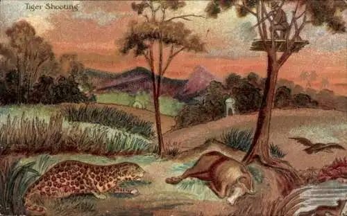 Ak Jäger richtet sein Gewehr auf einen Leoparden, Jagdszene