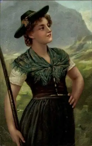 Ak Junge Frau in Tracht, Gehstock, Hut